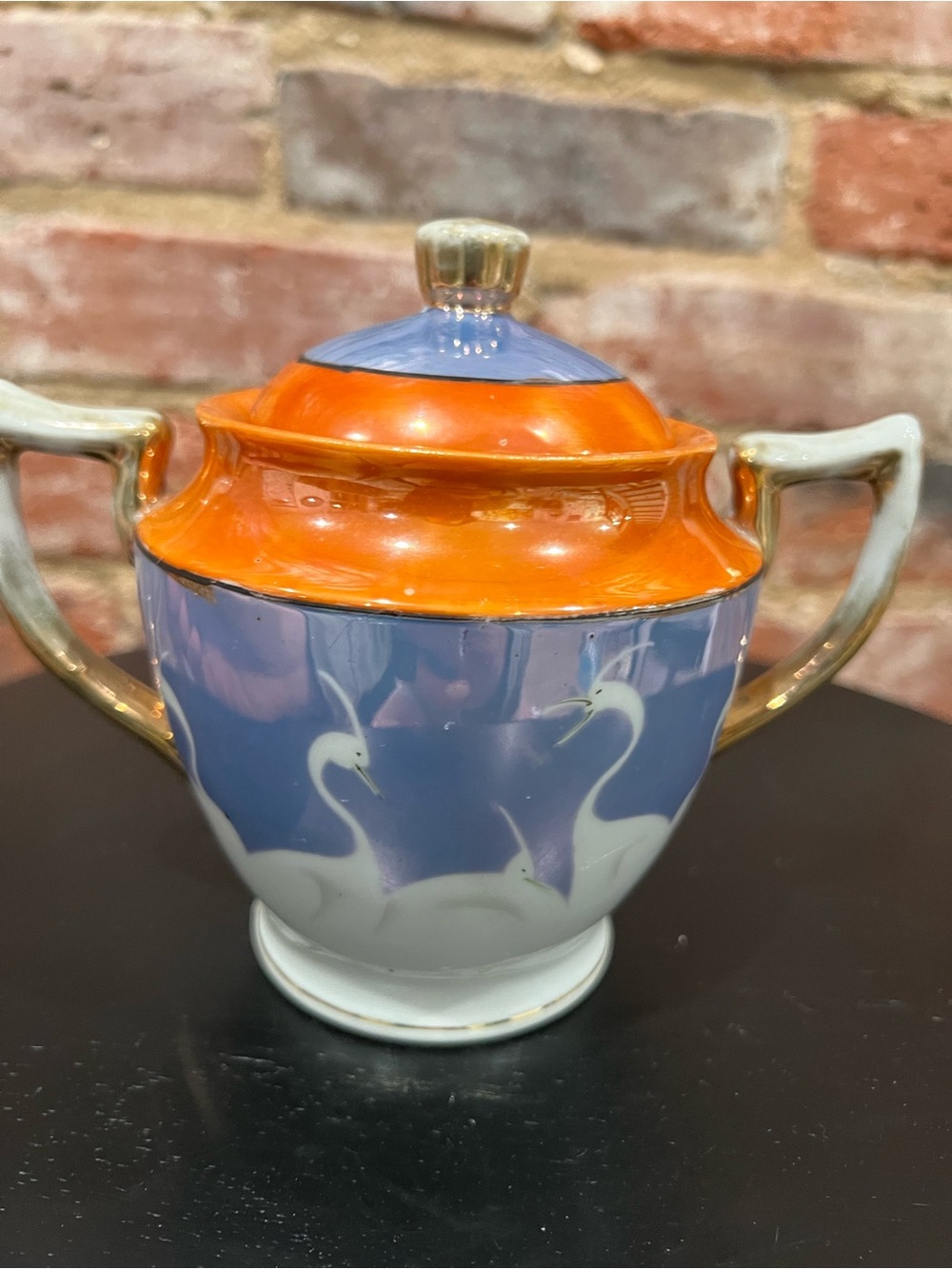 Vintage Blue and Orange Porcelain Lidded Swan Sugar Bowl with Gold Handles - Picture 3 of 6